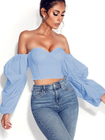 Damen Sexy Tube Bluse Hell Himmelblau Polyester Bateau Neck Casual Langarm Tops