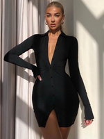 Damen Shirt Kleider Schwarz Turndown Kragen Langarm Polyester Sexy Bodycon Midi Kleid
