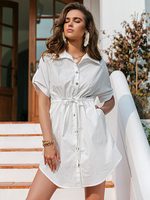 Damen Shirt Kleider Weiß Turndown Kragen Kurzarm Baumwolle Kordelzug Midi Kleid