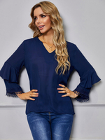 Damen Shirt Königsblau V-Ausschnitt Classic Langarm Polyester Tops