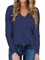 Damen Shirt Langarm T-Shirts mit V-Ausschnitt Schwarz Polyester Pocket Casual Top