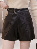 Damen Shorts Casual Pockets Leder Schwarze Shorts