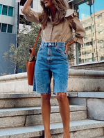 Damen Shorts Zipper Denim Casual Straight Leg Style Blaue kurze Hose
