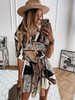 Damen Skater Kleider Animal Print Chiffon Turndown Kragen Weiß Sexy Langarm Fit und Flare Kleid