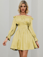 Damen Skater Kleider Bateau Neck Langarm Midi Casual Gelb Fit Und Flare Kleid Tunika Kleid