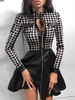 Damen Skater Kleider Bedruckt PU Leder Stehkragen Weiß Plaid Sexy Langarm Fit Und Flare Kleid