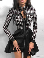 Damen Skater Kleider Bedruckt PU Leder Stehkragen Weiß Plaid Sexy Langarm Fit Und Flare Kleid