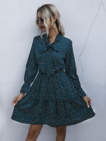 Damen Skater Kleider Bedruckte Baumwolle Jewel Neck Dunkelgrün Classic Langarm Ausgestelltes Kleid