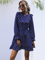 Damen Skater Kleider Bedruckte Baumwolle Jewel Neck Königsblau Classic Langarm Ausgestelltes Einteiliges Kleid