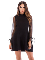 Damen Skater Kleider Black Jewel Neck Langarm Cotton Classic Flared Kleid