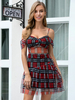 Damen-Skater-Kleider Burgund-Plaid-Polyester-Riemen-Neck-kurze Ärmeln Passform und Flare-Kleid