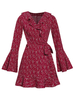 Damen Skater Kleider Burgunder Blumendruck Polyester V-Ausschnitt mit langen Ärmeln Vintage ausgestelltes Kleid