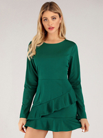 Damen Skater Kleider Green Jewel Neck Langarm Plissee Layered Casual Summer Fit und Flare Kleid