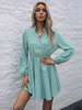 Damen Skater Kleider Grün Turndown Kragen Langarm Leopardenmuster Classic Fit Kleid Midi Flare Kleid