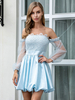 Damen Skater Kleider Hell Himmelblau Polyester Spitze Langarm Casual Fit Kleid Midi Flare Kleid