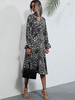 Damen Skater Kleider Leopardenmuster Polyester V-Ausschnitt Grau Klassisch Langarm Fit und Flare Kleid