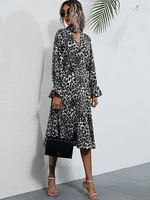 Damen Skater Kleider Leopardenmuster Polyester V-Ausschnitt Grau Klassisch Langarm Fit und Flare Kleid