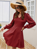 Damen Skater Kleider Polyester V-Ausschnitt Burgund Casual Langarm Ausgestelltes Kleid