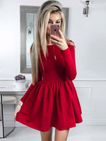 Damen Skater Kleider Red Jewel Neck Langarm Polyester Plissee Ausgestelltes Kleid