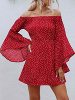 Damen Skater Kleider Rot schulterfrei Langarm Polka Dot Fit und Flare Kleid