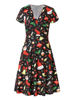 Damen Skater Kleider Schwarz Kurzarm Bedruckt Retro Ausgestelltes Kleid