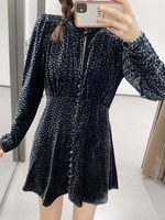 Damen Skater Kleider Tiefblau bedrucktes Polyester Langarm Fit Kleid Lässiges Midikleid