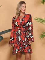 Damen Skater Kleider V-Ausschnitt Langarm Rüschen Schlangen Print Casual Fit und Flare Kleid