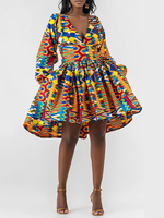 Damen Skater Kleider V-Neck Puff Langarm Bedrucktes Dashiki Kleid