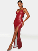Damen Slip Kleid Burgunder Träger Hals Split Front Bodycon Polyester Maxikleid