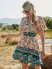 Damen Sommerkleid Aprikose V-Ausschnitt Rüschen Blumendruck Baumwolle Strandkleid Midi Kleid