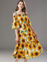 Damen Sommerkleid Bateau-Ausschnitt Sonnenblume Kurze Ärmel Gelbes Strandkleid