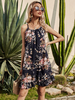 Damen Sommerkleid Dunkelblaue Träger Hals Blumendruck Rückenloses knielanges Strandkleid
