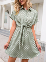 Damen Sommerkleid Grün Turndown Kragen Polka Dot Polyester Beach Dress