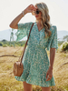 Damen Sommerkleid Grün V-Ausschnitt Rüschen Blumendruck Polyester Strandkleid