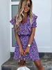 Damen Sommerkleid Lila Rüschen mit V-Ausschnitt Blumendruck Kurzarm Chiffon Midi Beach Dress