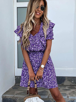Damen Sommerkleid Lila Rüschen mit V-Ausschnitt Blumendruck Kurzarm Chiffon Midi Beach Dress