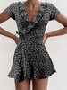 Damen Sommerkleid Schwarzes V-Ausschnitt Kurzarm bedrucktes kurzes Strandkleid aus Polyester