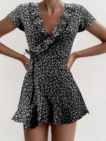Damen Sommerkleid Schwarzes V-Ausschnitt Kurzarm bedrucktes kurzes Strandkleid aus Polyester