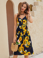 Damen Sommerkleid Sunflower Spaghetti V-Ausschnitt Schwarzes Strandkleid