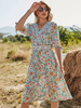Damen Sommerkleid V-Ausschnitt Blumendruck Schnürung Green Beach Kleid