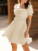 Damen Sommerkleid White Square Neck Kordelzug Kurzarm Cotton Beach Dress
