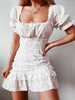 Damen Sommerkleid White Square Neck Kordelzug White Short Beach Dress