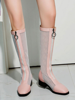 Damen Sommerstiefel Square Toe Mesh Niedriger Blockabsatz Kniehohe Stiefel