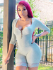 Damen Spielanzug Grau U-Ausschnitt Langarm Knöpfe Polyester Skinny Summer One Piece Outfit