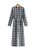 Damen Spielanzug Schwarz Plaid V-Ausschnitt Langarm Polyester Langer gerader Sommer Spielanzug