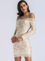 Damen Spitzenkleider Aprikose Langarm Rückenlose Spitze Bodycon Casual Midi Kleider