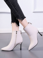 Damen Stiefeletten Ecru Weiß PU Leder Spitze Zehen Stiletto Absatz 3.9 "Stiefeletten