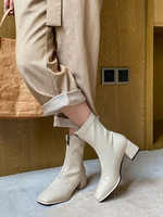 Damen Stiefeletten Ecru Weiß PU Leder Square Toe Chunky Heel Booties