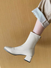 Damen Stiefeletten Ecru Weiß PU Leder Square Toe Chunky Heel Booties
