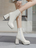 Damen Stiefeletten Ecru White Cowhide Square Toe Chunky Heel Vordere Spitze Stiefeletten